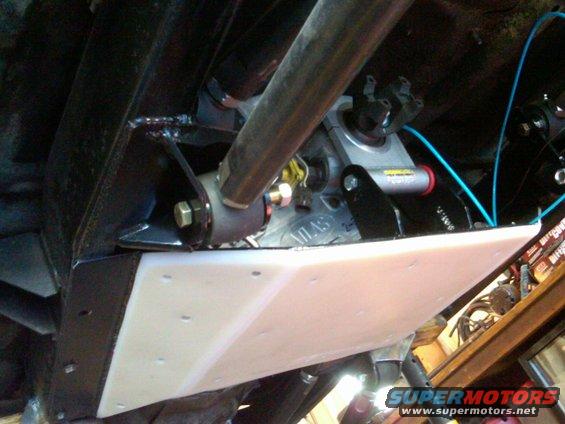 Underbody of a vehicle showing a skid plate and transmission components. Text 'ATLAS' is visible