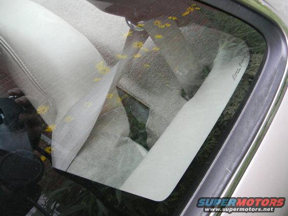 Interior view of a car seat and window with yellow flowers visible on the glass