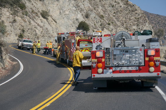 LA County Fire Patrol truck with emergency personnel on a mountain road