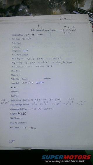 Engine build sheet with customer name James Cline, bore size 4.030, compression 8.7, and connecting rod length 6.185