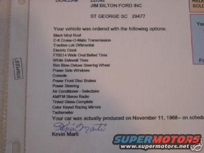 Document listing vehicle options and production date of November 11, 1968