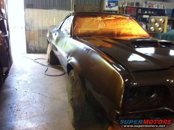 1972 Ford Ranchero front end masked for painting, hood scoop visible