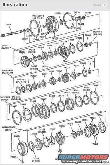 Exploded view diagram of transmission components with part numbers labeled
