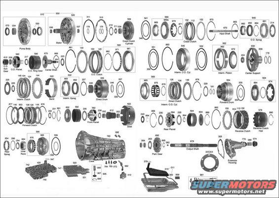 Exploded diagram of E4OD transmission parts with labels and numbers