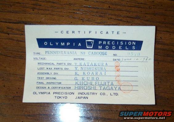 caboose-tag.jpg Quality control from Japan! This certificate came with one of the brass cabooses. Most of the Locos have a similar certificate with raised seal. 