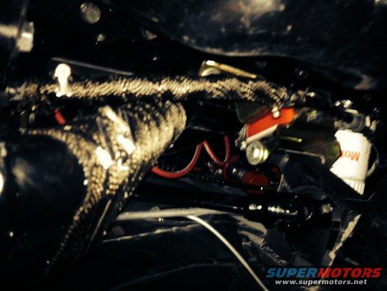 65 Mustang clutch cable and tri y header wrapped with DEI titanium header wrap