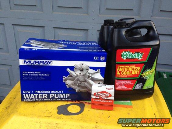 New water pump with lifetime warranty, new thermostat and gasket and 2 gallons of 50/50 mix. The original water pump finally failed at 198k miles. Only the seal failed. It still pumps just fine.