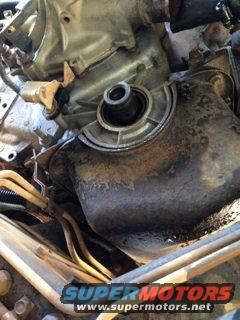 Engine timing chain cover area with hoses and metal components, showing dirt and grime