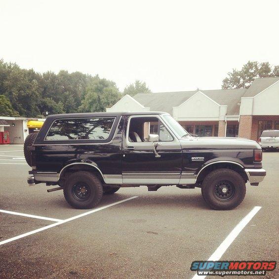 Black Ford Bronco parked in a lot. It has a spare tire on the back