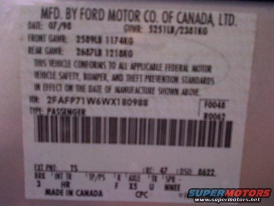 Vehicle identification label with VIN and manufacturing date 07/98