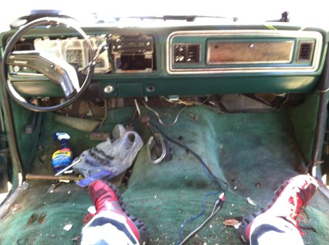 1978 Ford Bronco - Interior view of a 1978 Ford Bronco, showing the dashboard and floor.