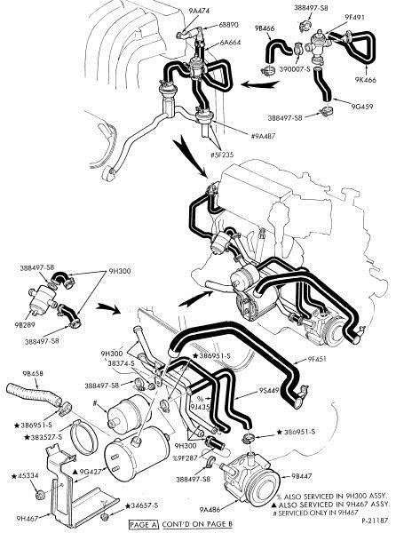 1994 Ford Bronco - Exploded parts diagram of engine vacuum/emission hoses, valves and connectors with Ford part numbers.
