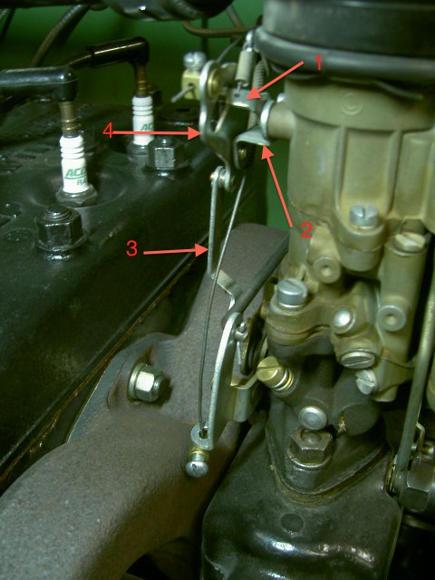 1946 Jeep Willys - This image shows a close-up view of engine components, including spark plugs and a carburetor, with several red arrows indicating specific…