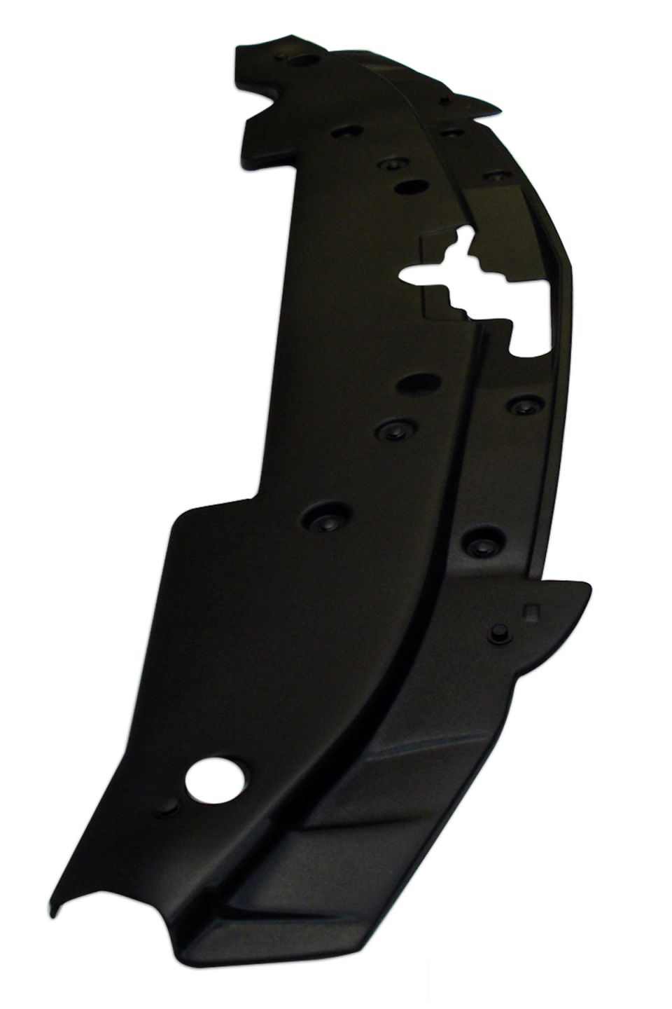 Black plastic underbody shield with mounting holes