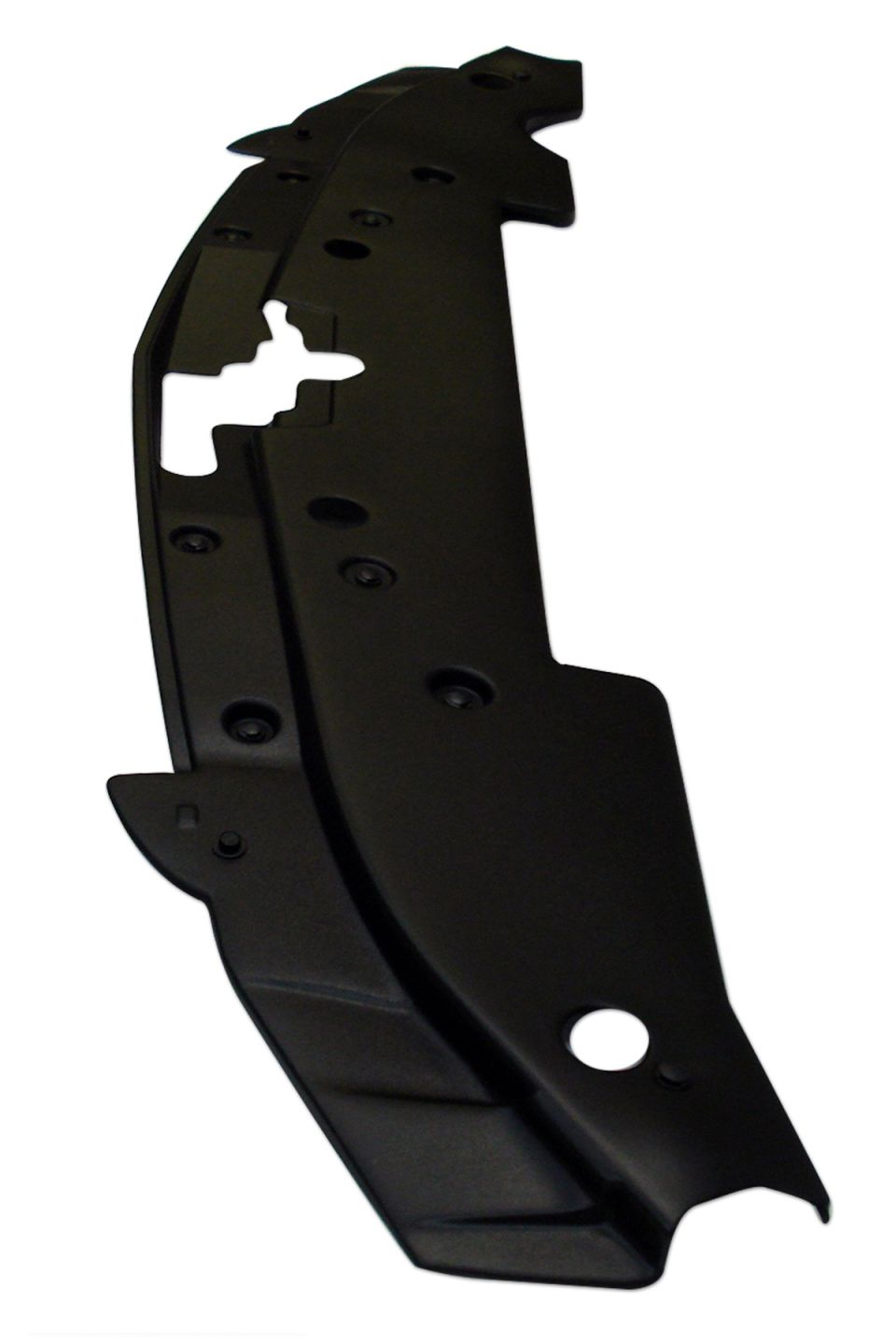 Black plastic automotive underbody shield with mounting holes