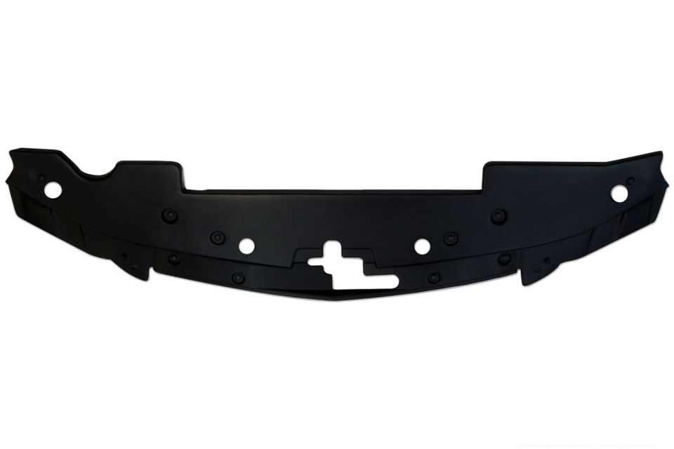 Black plastic car part with mounting holes and clips, isolated on white