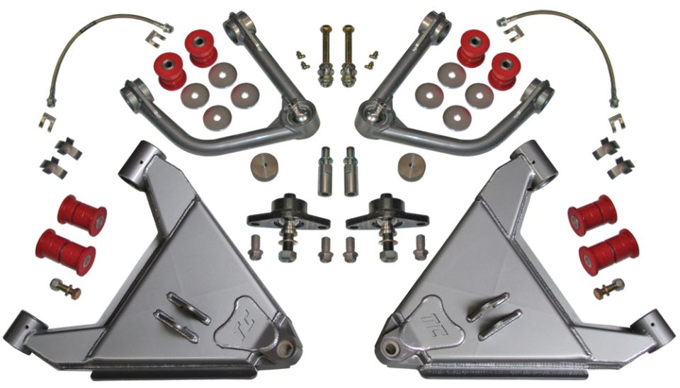 Set of silver control arms with red bushings and hardware