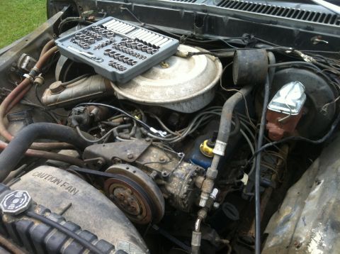 1979 Ford Bronco - A toolbox sits atop the engine of a vehicle, surrounded by various engine components and wiring.