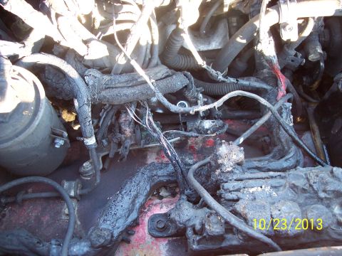 1991 Toyota Pickup/SR5 - The engine compartment shows significant damage to the wiring, likely from a fire.