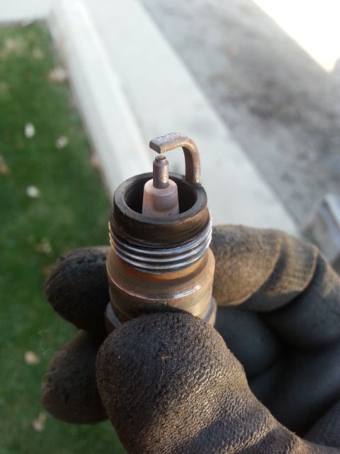 1981 Ford Bronco - Used spark plug held in a gloved hand, showing wear on the electrode.