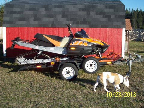 2004 Arctic Cat King Cat 900 - A snowmobile is loaded onto a trailer, parked in front of a barn with a dog present.