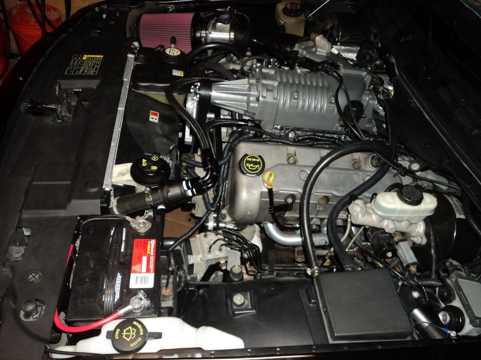 Engine bay with silver supercharger, red air filter, and black hoses