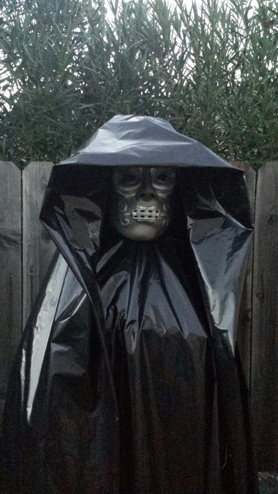 Person wearing a black cloak and a Death Eater mask stands in front of a wooden fence and green foliage