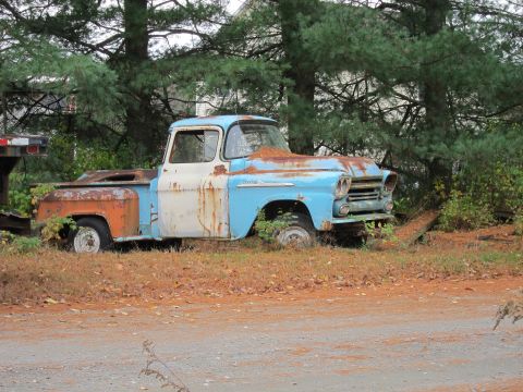 1991 Ford LTD Crown Victoria - A weathered and rusty pickup truck sits abandoned in a grassy, wooded area.