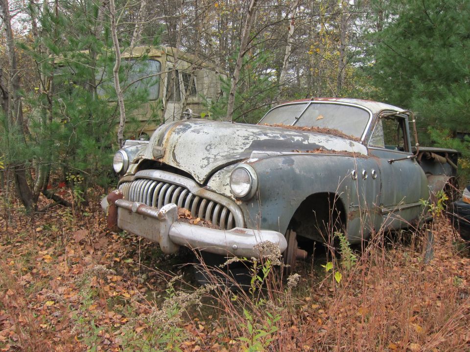 Wrecked vintage car with peeling paint and a large chrome grille, surrounded by dry brush and trees