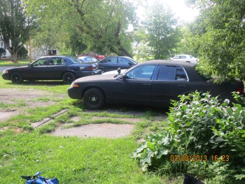 2003 Ford Crown Victoria - Multiple black sedans, including a 2003 Ford Crown Victoria with a spotlight, are parked in a grassy area.