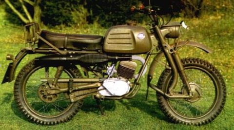 1991 Ford Bronco - This olive green motorcycle is shown from the side, parked on a grassy area.