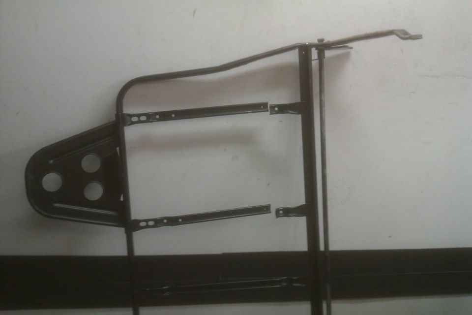 Black metal frame assembly with triangular bracket plate and slotted cross braces on white background