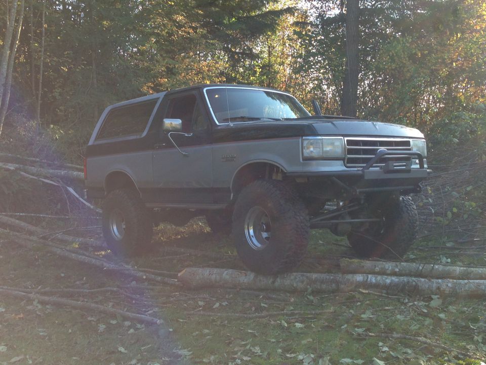 Lifted gray and black Ford Bronco on a wooded trail with tires on logs, featuring a brush guard bumper.