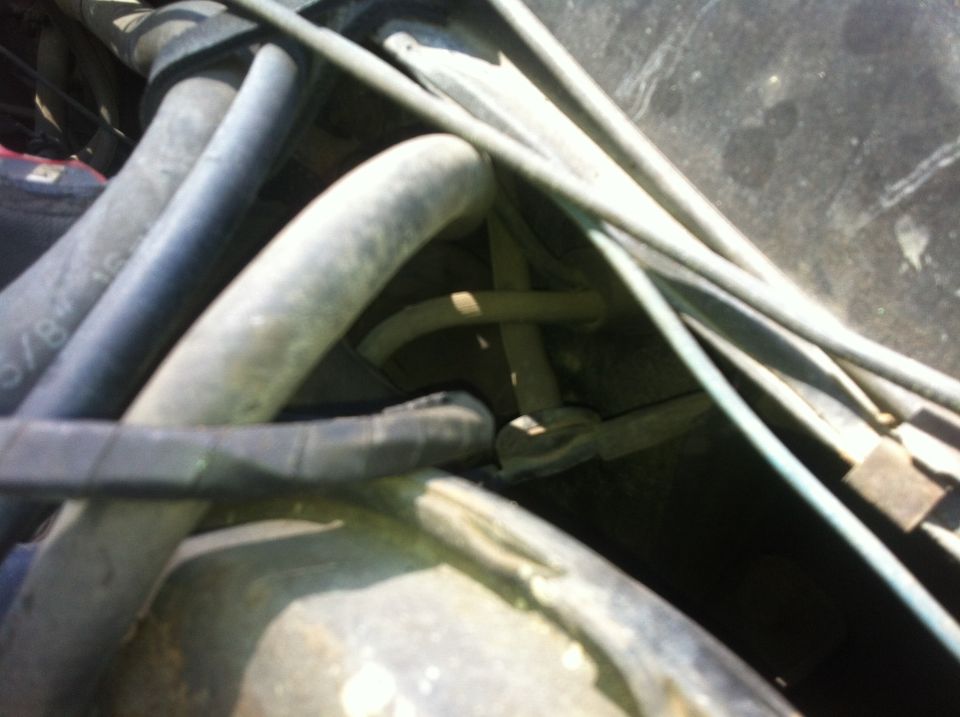 Close-up of engine bay hoses and wires.