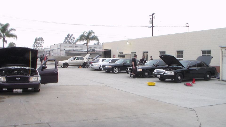 Row of cars with open hoods and doors in a shop lot