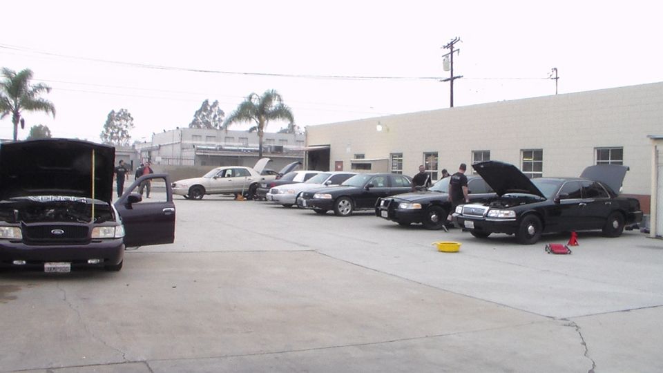 Lineup of cars with open hoods in a parking lot