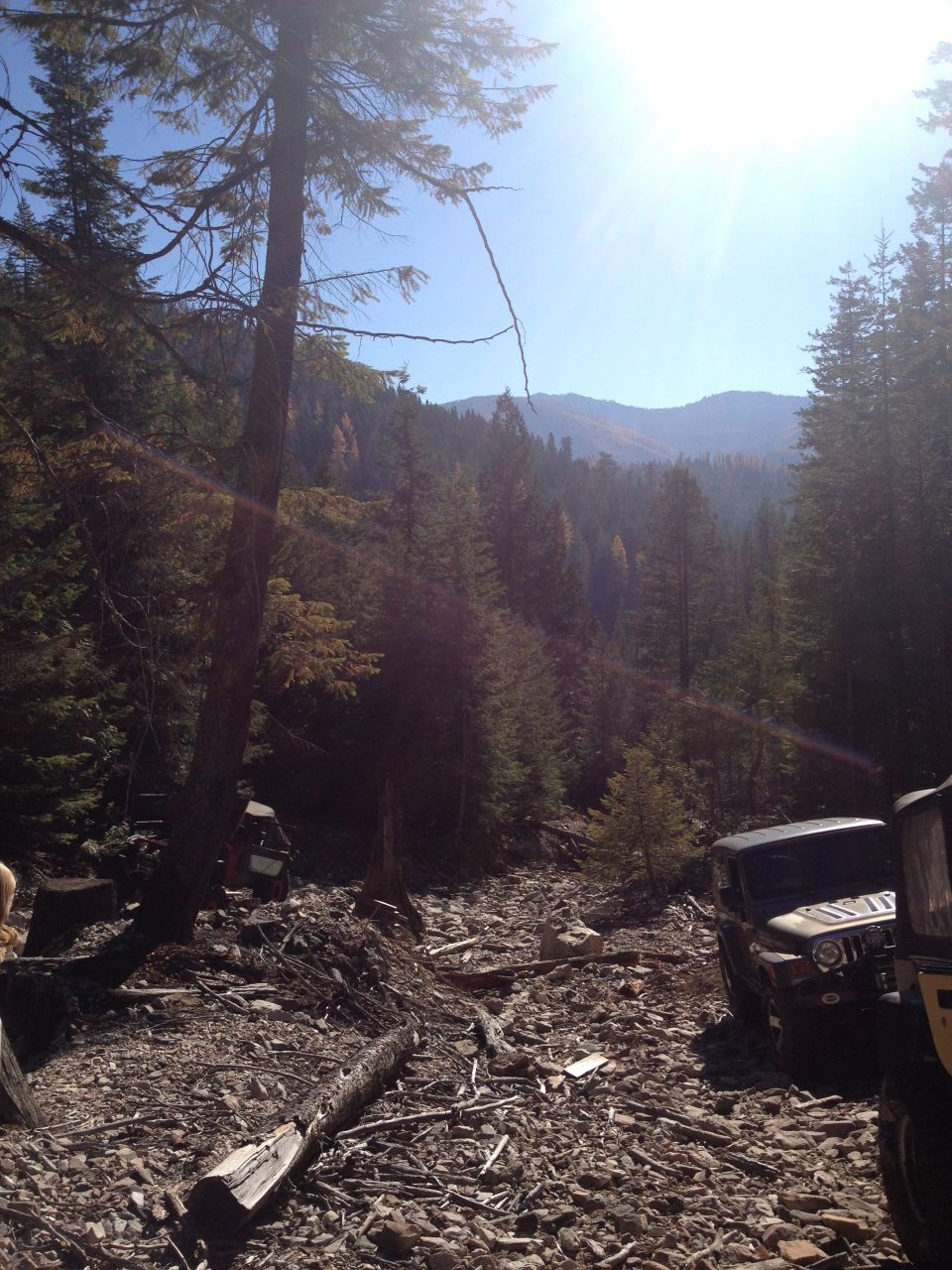 Two Jeep Wranglers on a rocky, wooded trail.