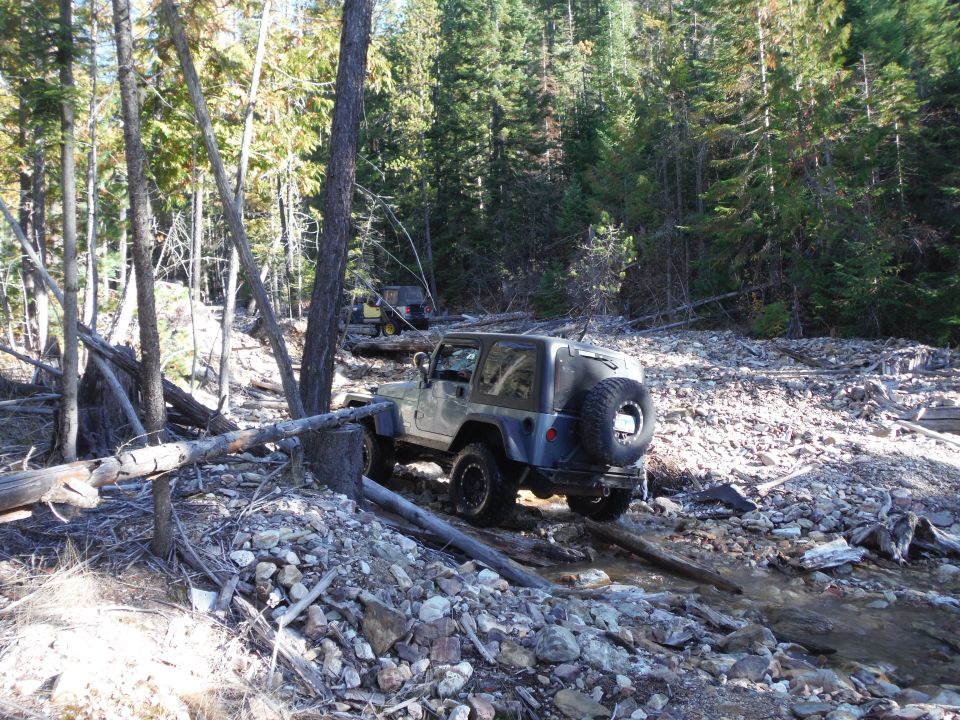 Blue Jeep Wrangler driving through a rocky stream in a forest.