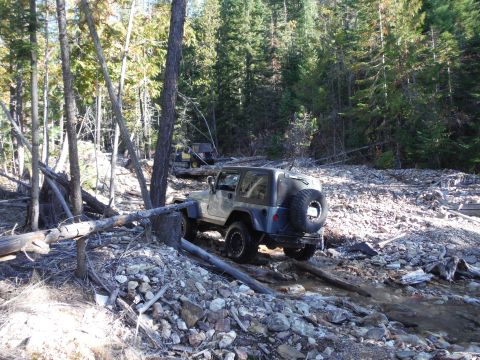 2005 Jeep Wrangler - Two Jeep Wranglers navigate a challenging off-road trail through a wooded area with fallen logs and rocky terrain.