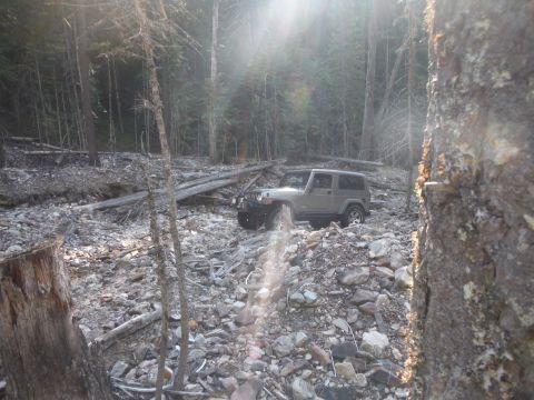 2005 Jeep Wrangler - A Jeep Wrangler navigates a challenging, rocky terrain surrounded by trees and fallen logs.