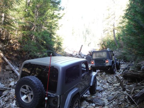 2005 Jeep Wrangler - Two Jeep Wranglers navigate a challenging, rocky path through a dense forest.