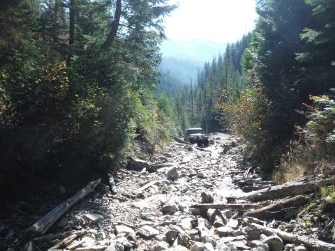 2005 Jeep Wrangler - A vehicle navigates a challenging, boulder-strewn path through a dense forest.