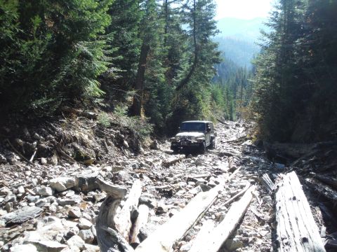 2005 Jeep Wrangler - Jeep Wrangler navigates a challenging, rocky path through a dense forest landscape.