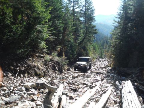 2005 Jeep Wrangler - A Jeep navigates a challenging, rocky path through a dense forest with a scenic mountain vista in the distance.