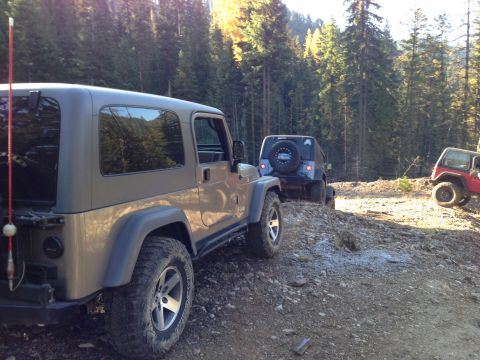 2005 Jeep Wrangler - Multiple Jeep Wranglers navigate a wooded trail during daylight.