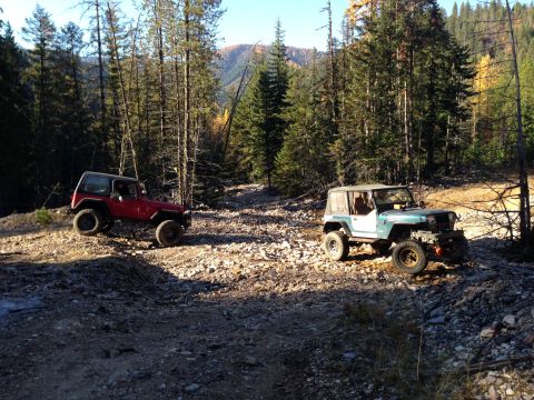 2005 Jeep Wrangler - Two Jeep Wranglers navigate a rough, rocky path through a dense forest under a clear blue sky.