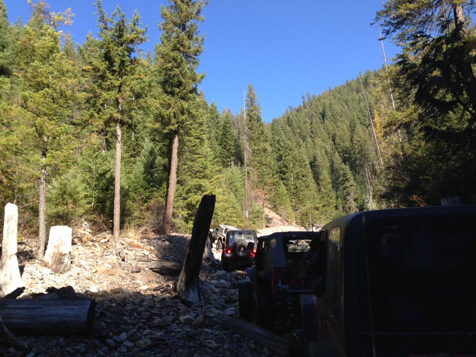 Several Jeeps driving on a rocky, wooded trail