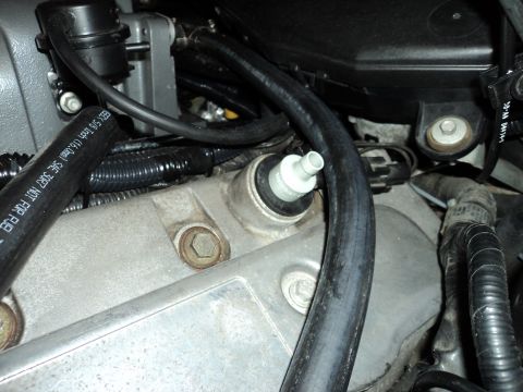 2004 Mercury Grand Marquis - Close-up view of engine components including hoses and a valve cover.