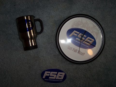 1994 Ford Bronco - Merchandise the FSB logo and website, including a travel mug, wall clock, and sticker.
