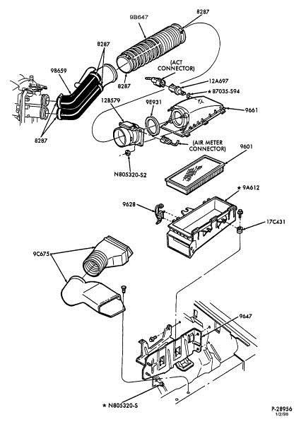 1994 Ford Bronco - Exploded parts diagram of the air cleaner housing, filter, intake ducts and sensors with part numbers.